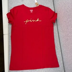 Victoria's Secret PINK Everyday Crew T-Shirt Red MEDIUM Short Sleeve Script Logo